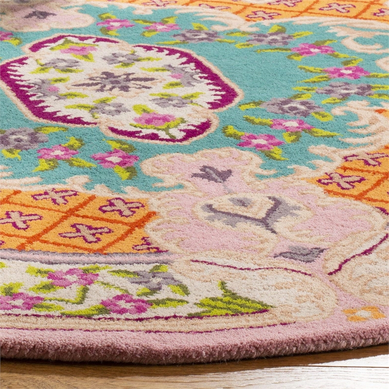 Safavieh Bellagio 5' Round Hand Tufted Wool Rug in Blue and Pink