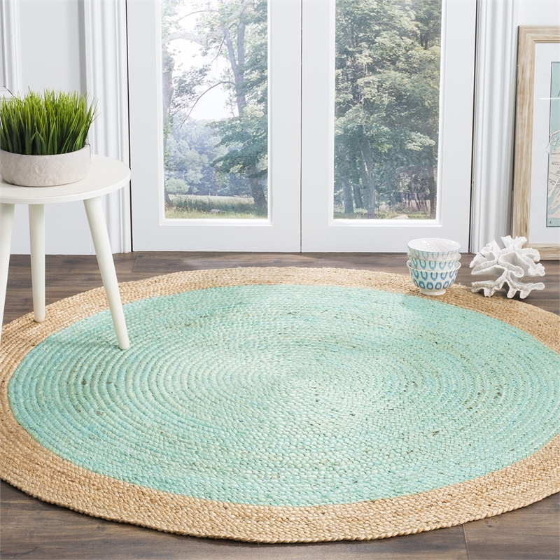 Safavieh Natural Fiber 9' Round Hand Woven Jute Rug in Aqua