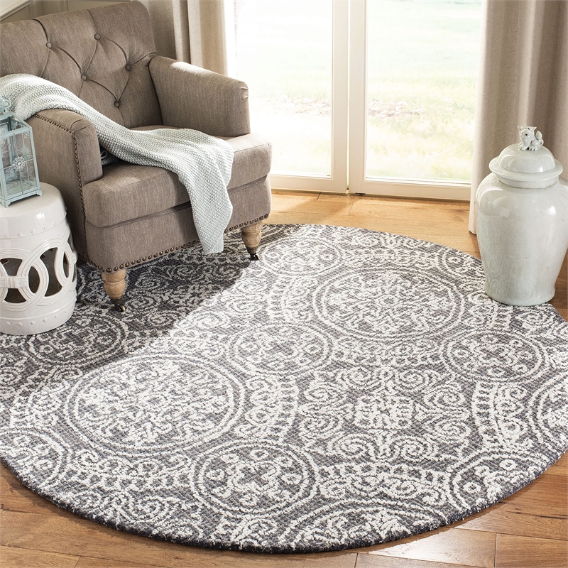 Safavieh Abstract 6' Round Hand Tufted Wool Rug in Gray and Ivory