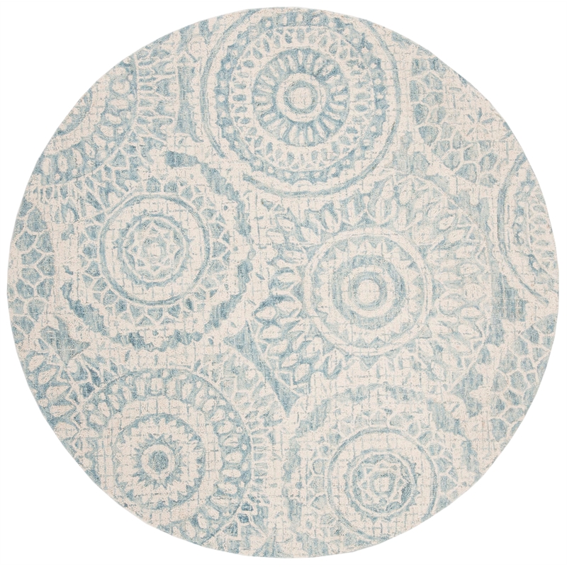 Safavieh Abstract 6' Round Hand Tufted Wool Rug in Ivory and Blue