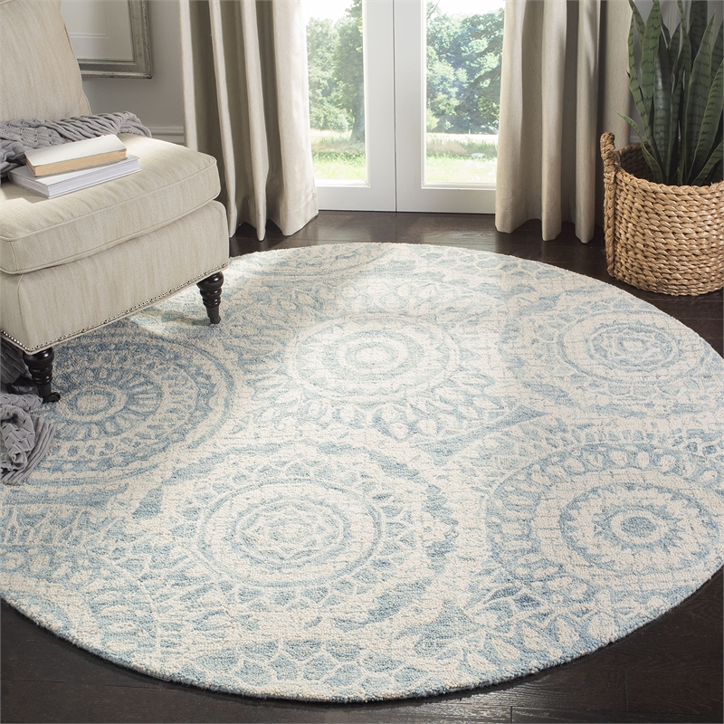 Safavieh Abstract 6' Round Hand Tufted Wool Rug in Ivory and Blue