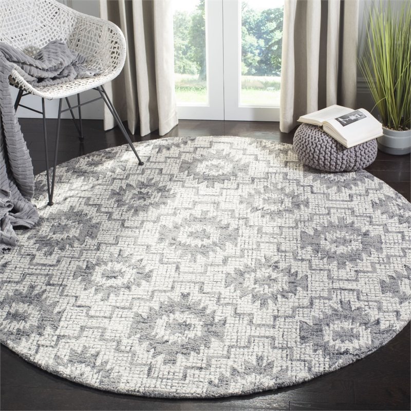 Safavieh Abstract 6' Round Hand Tufted Wool Rug in Ivory and Dark Gray