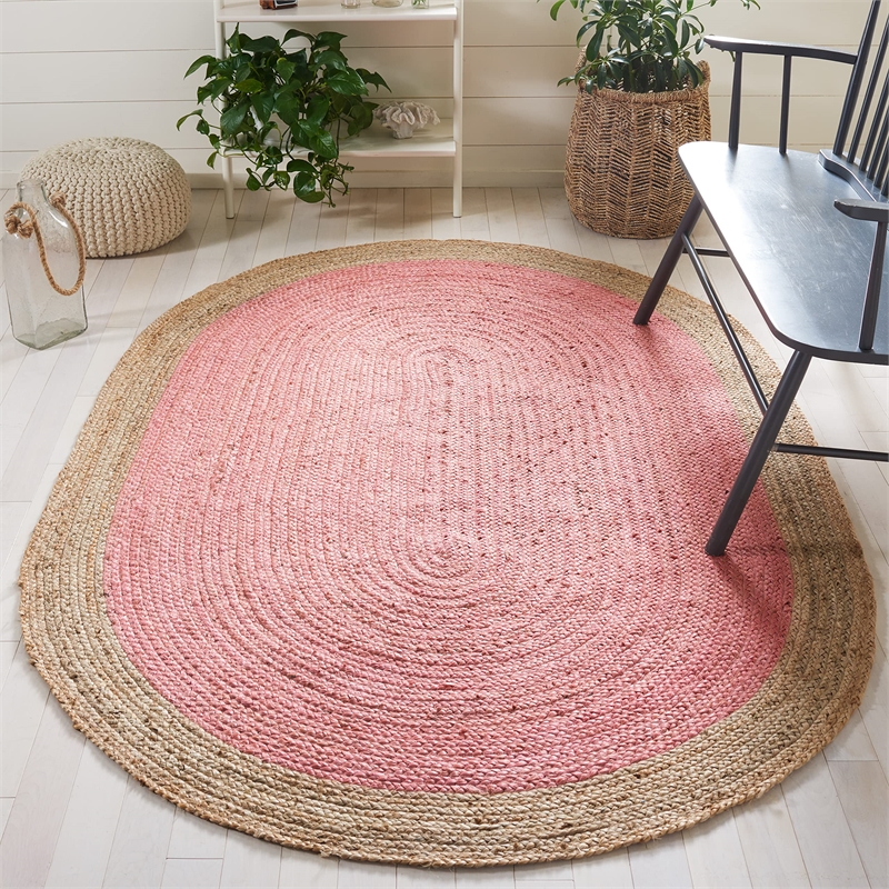 Safavieh Natural Fiber 7' Round Hand Woven Jute Rug in Pink