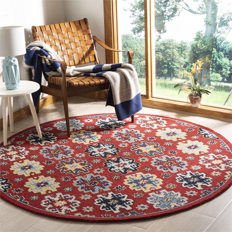 Safavieh Heritage 6' Round Hand Tufted Wool Rug in Red and Blue