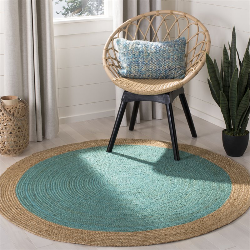 Safavieh Natural Fiber 7' Round Hand Woven Jute Rug in Teal