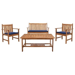 Safavieh Burbank 4 Piece Patio Sofa Set in Teak Brown and Navy