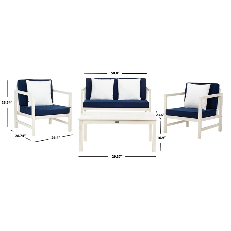 Safavieh Montez 4 Piece Patio Sofa Set in White and Navy
