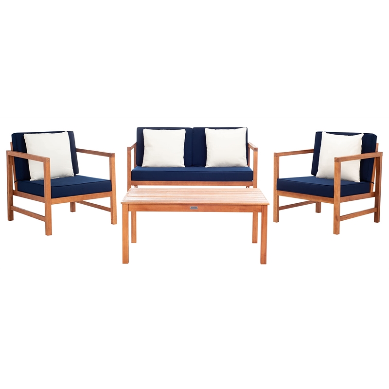 Safavieh Montez 4 Piece Patio Sofa Set in Teak Brown and Navy
