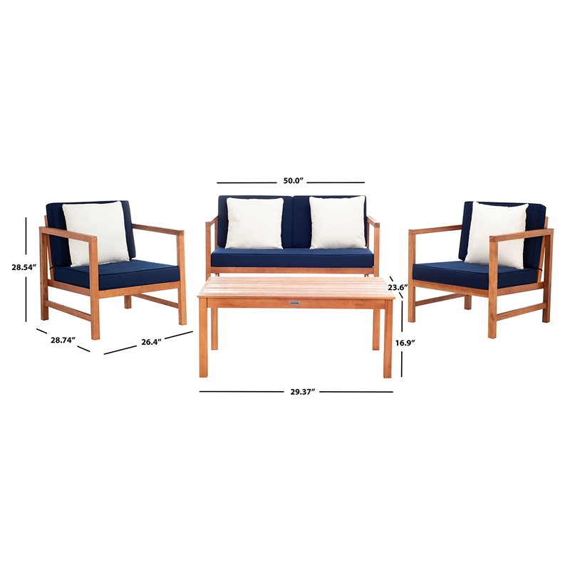 Safavieh Montez 4 Piece Patio Sofa Set in Teak Brown and Navy