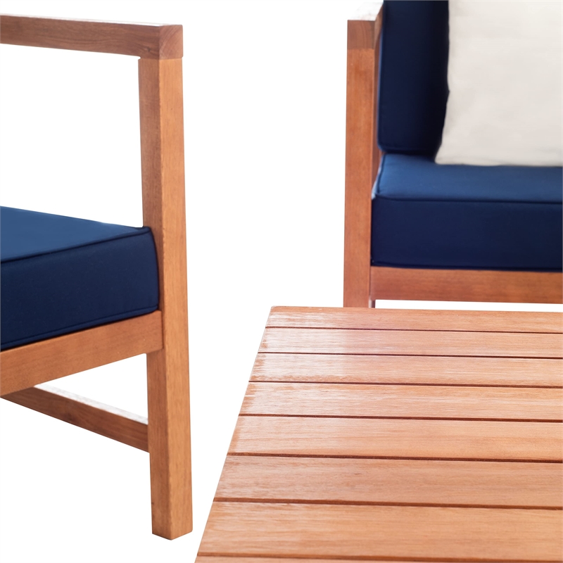 Safavieh Montez 4 Piece Patio Sofa Set in Teak Brown and Navy