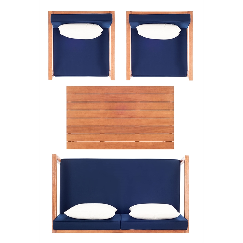 Safavieh Montez 4 Piece Patio Sofa Set in Teak Brown and Navy