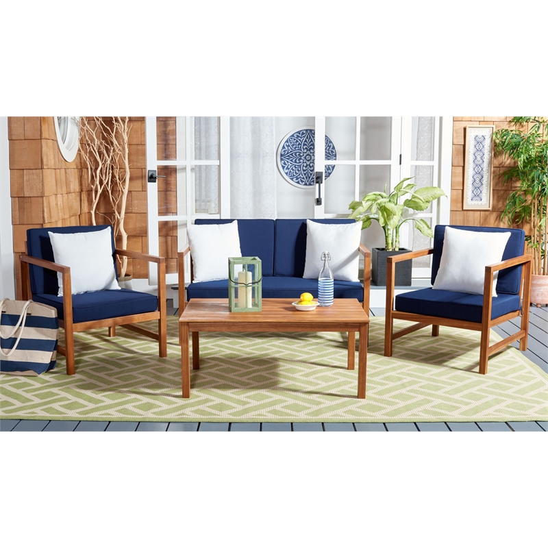Safavieh Montez 4 Piece Patio Sofa Set in Teak Brown and Navy