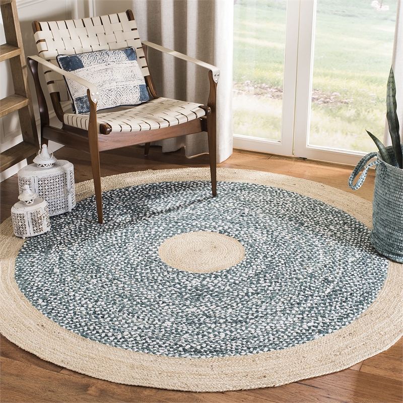 Safavieh Cape Cod 4' Round Hand Woven Jute Rug in Blue and Natural