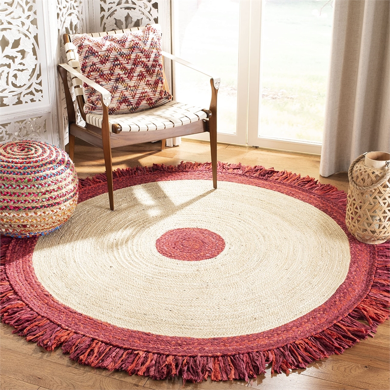 Safavieh Cape Cod 4' Round Hand Woven Jute Rug in Red and Natural