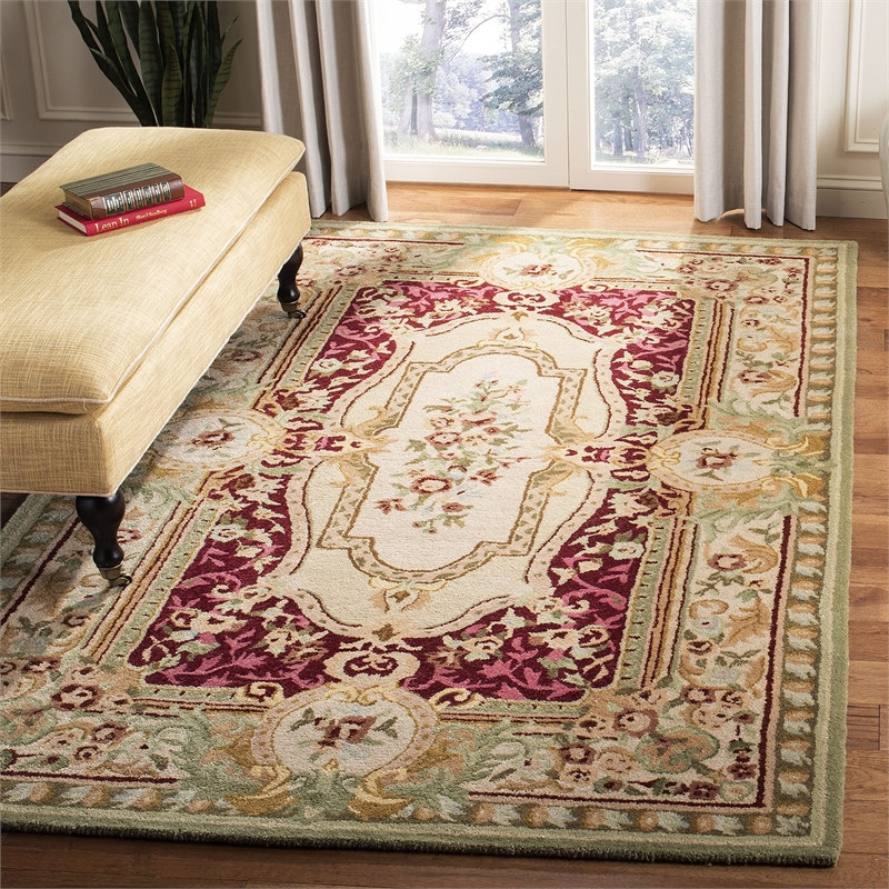 Safavieh Savonnerie 6' Square Hand Tufted Wool Rug in Red and Ivory