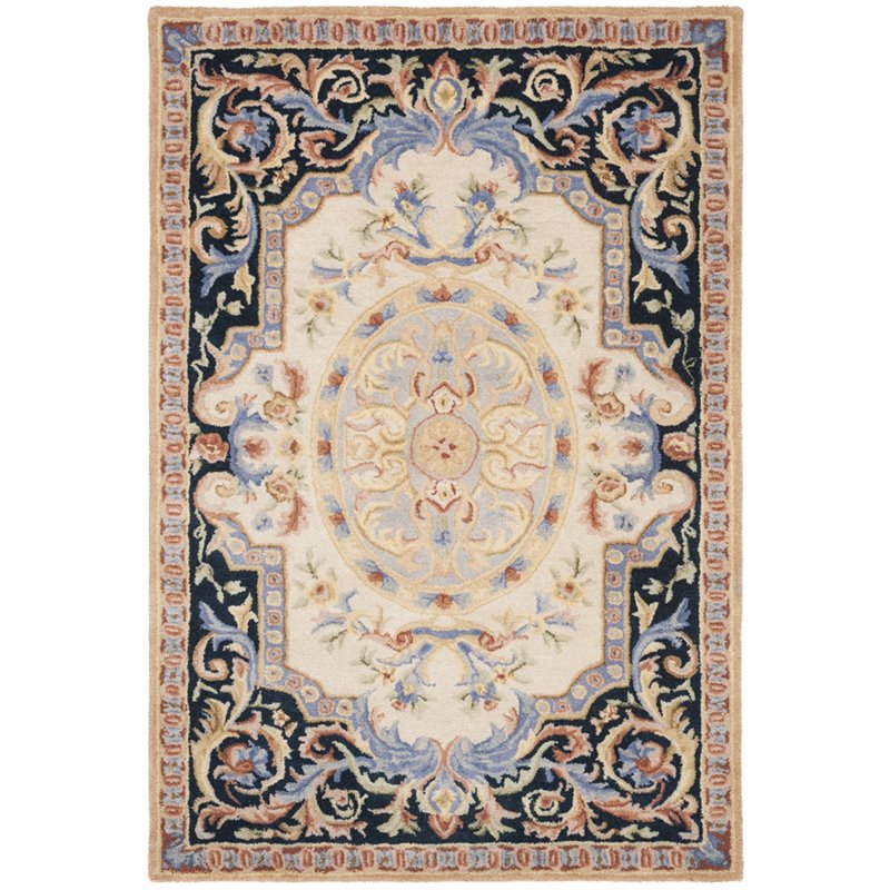 Safavieh Savonnerie 4' x 6' Hand Tufted Wool Rug in Ivory and Black