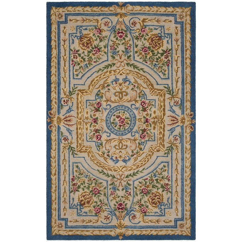 Safavieh Savonnerie 4' x 6' Hand Tufted Wool Rug in Blue and Ivory