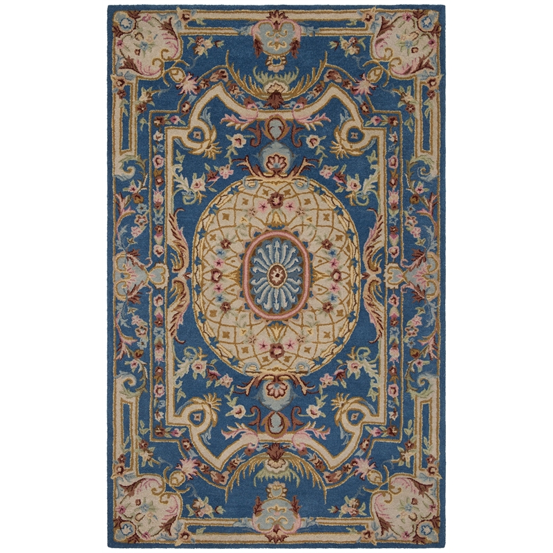 Safavieh Savonnerie 4' x 6' Hand Tufted Wool Rug in Blue and Ivory
