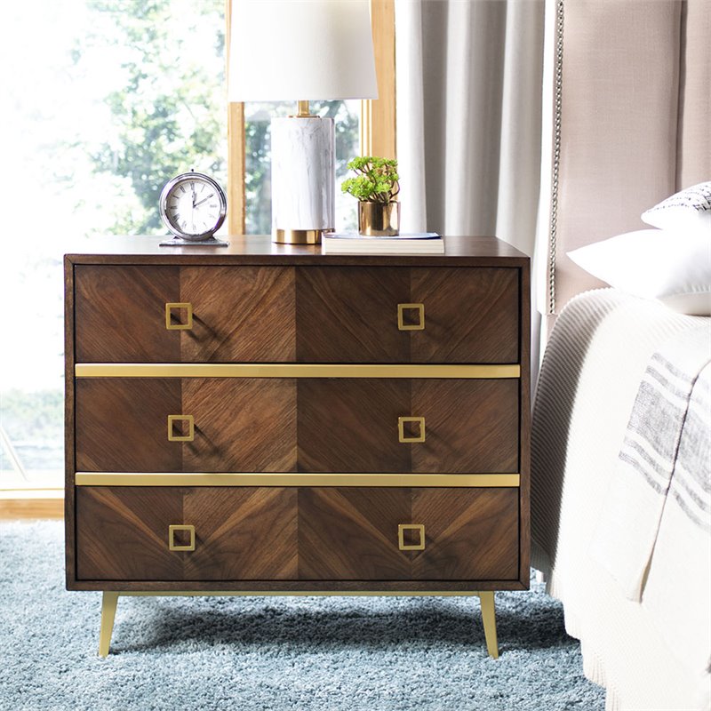 Safavieh Katia 3 Drawer Nightstand in Walnut and Gold