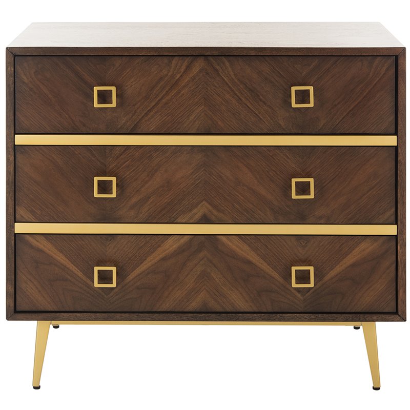 Safavieh Katia 3 Drawer Nightstand in Walnut and Gold