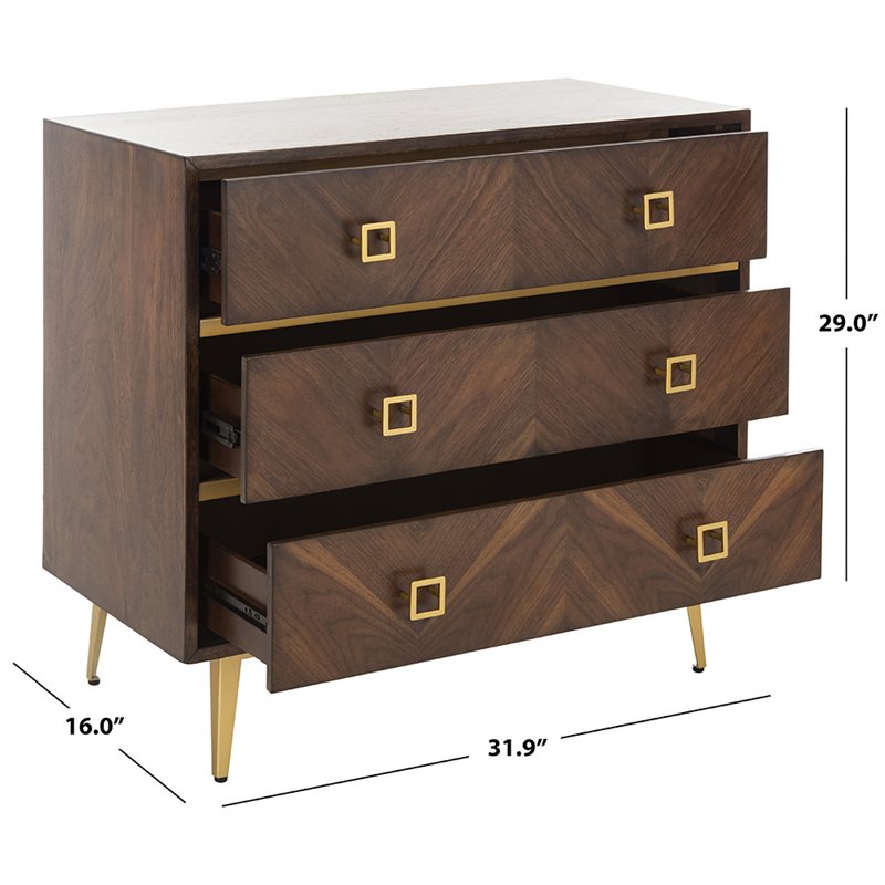 Safavieh Katia 3 Drawer Nightstand in Walnut and Gold