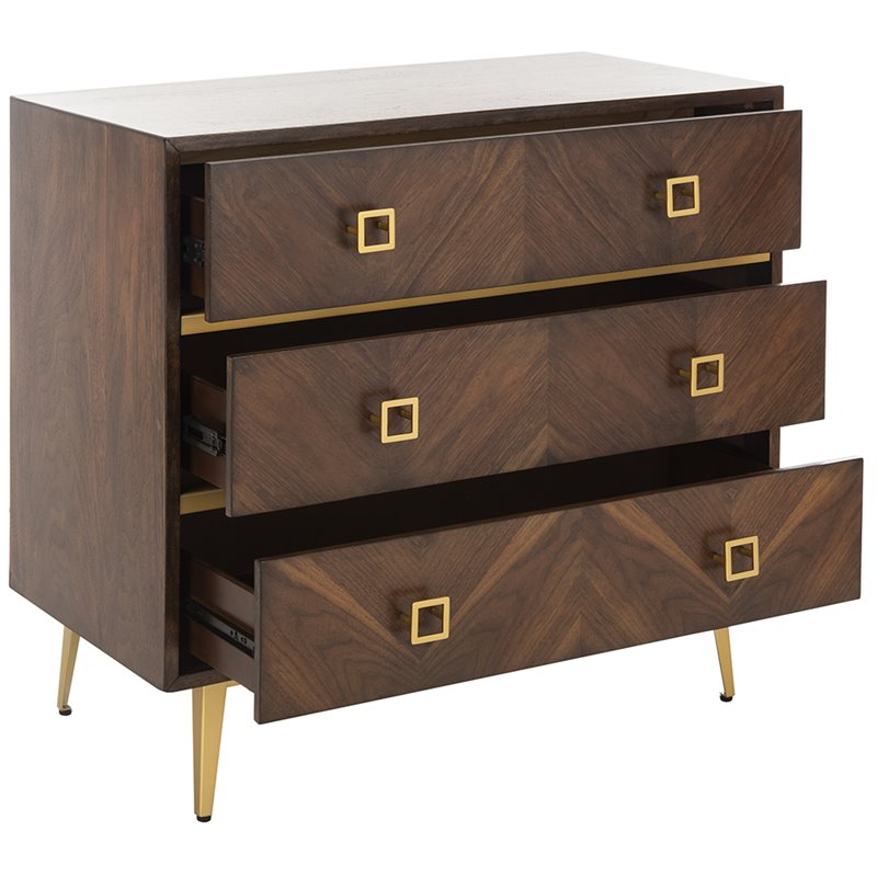 Safavieh Katia 3 Drawer Nightstand in Walnut and Gold