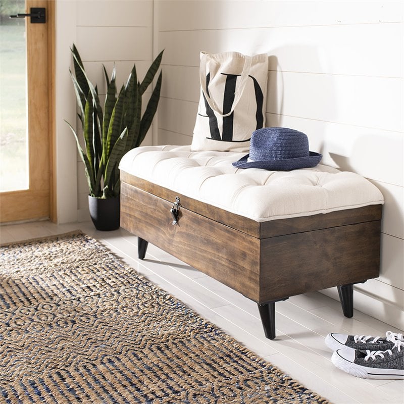Safavieh Liam Tufted Storage Ottoman Bench in Light Beige and Dark Oak