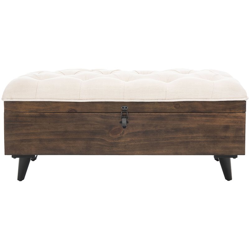 Safavieh Liam Tufted Storage Ottoman Bench in Light Beige and Dark Oak