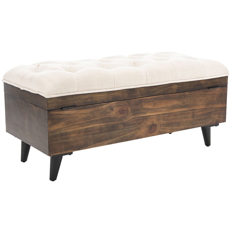 Safavieh Liam Tufted Storage Ottoman Bench in Light Beige and Dark Oak