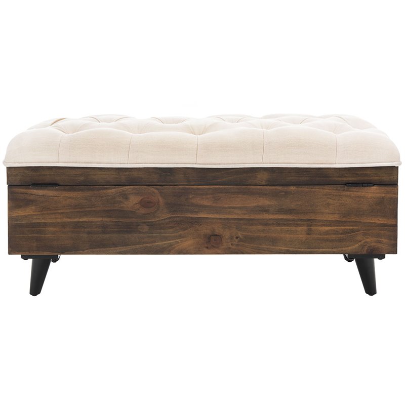 Safavieh Liam Tufted Storage Ottoman Bench in Light Beige and Dark Oak