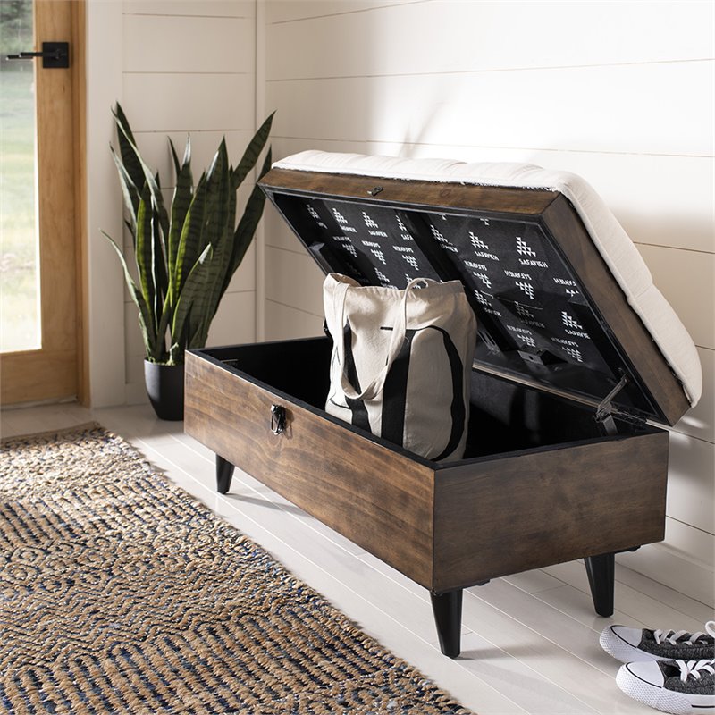 Safavieh Liam Tufted Storage Ottoman Bench in Light Beige and Dark Oak