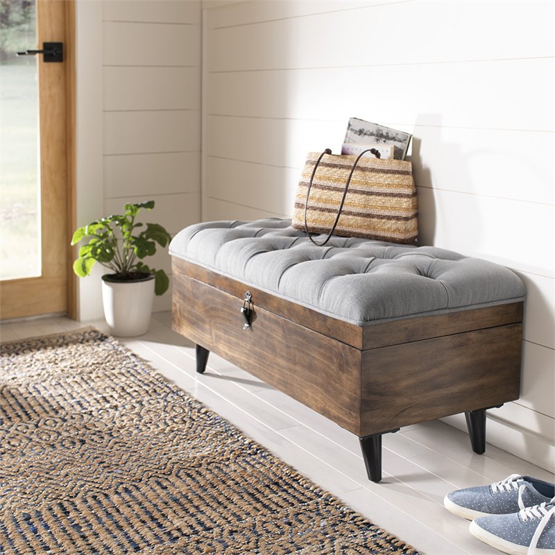 Safavieh Liam Tufted Storage Ottoman Bench in Gray and Dark Oak