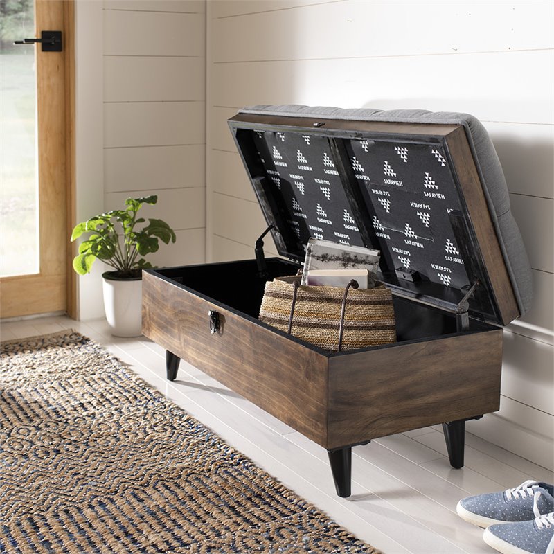 Safavieh Liam Tufted Storage Ottoman Bench in Gray and Dark Oak
