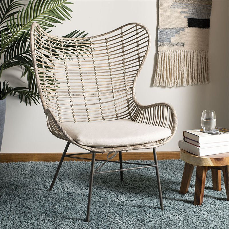 Safavieh Malia Rattan Wingback Accent Chair in White Wash and Gray