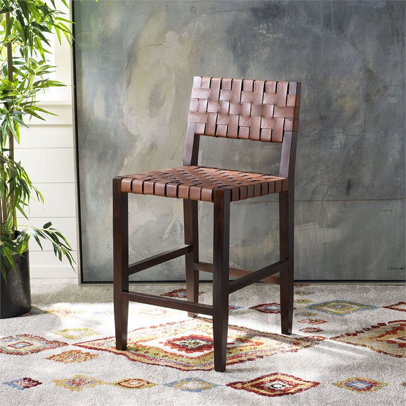 Safavieh Paxton Leather Counter Stool in Cognac and Walnut