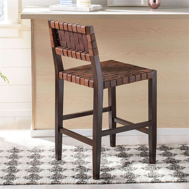 Safavieh Paxton Leather Counter Stool in Cognac and Walnut