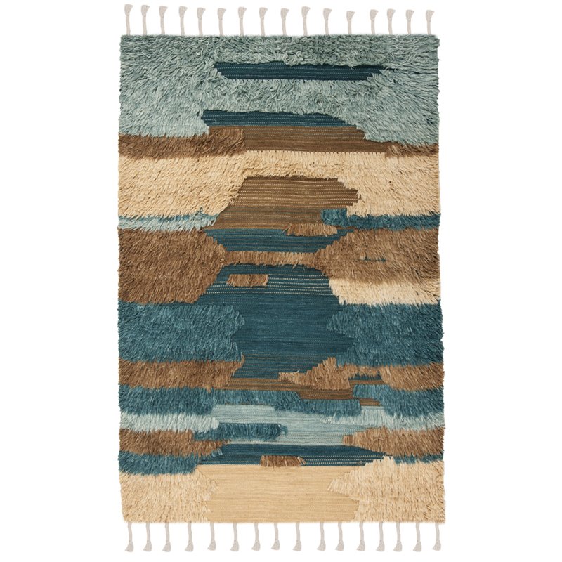 Safavieh Kenya 6' x 9' Hand Knotted Shag Wool Rug in Blue and Beige