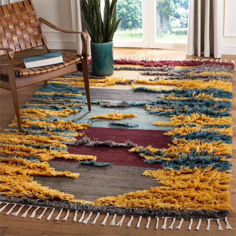 Safavieh Kenya 9' x 12' Hand Knotted Shag Wool Rug in Red and Gold
