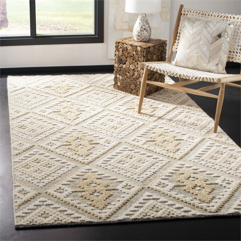 Safavieh Kenya 5' x 8' Hand Knotted Shag Wool Rug in Ivory and Gold