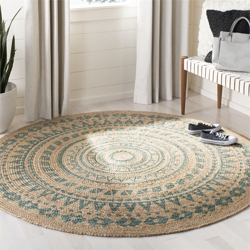 Safavieh Natural Fiber 8' Round Hand Woven Jute Rug in Aqua