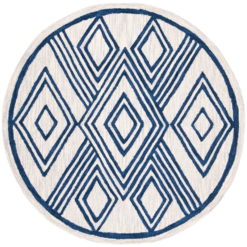 Safavieh Micro-Loop 5' Round Hand Tufted Wool Rug in Ivory and Navy