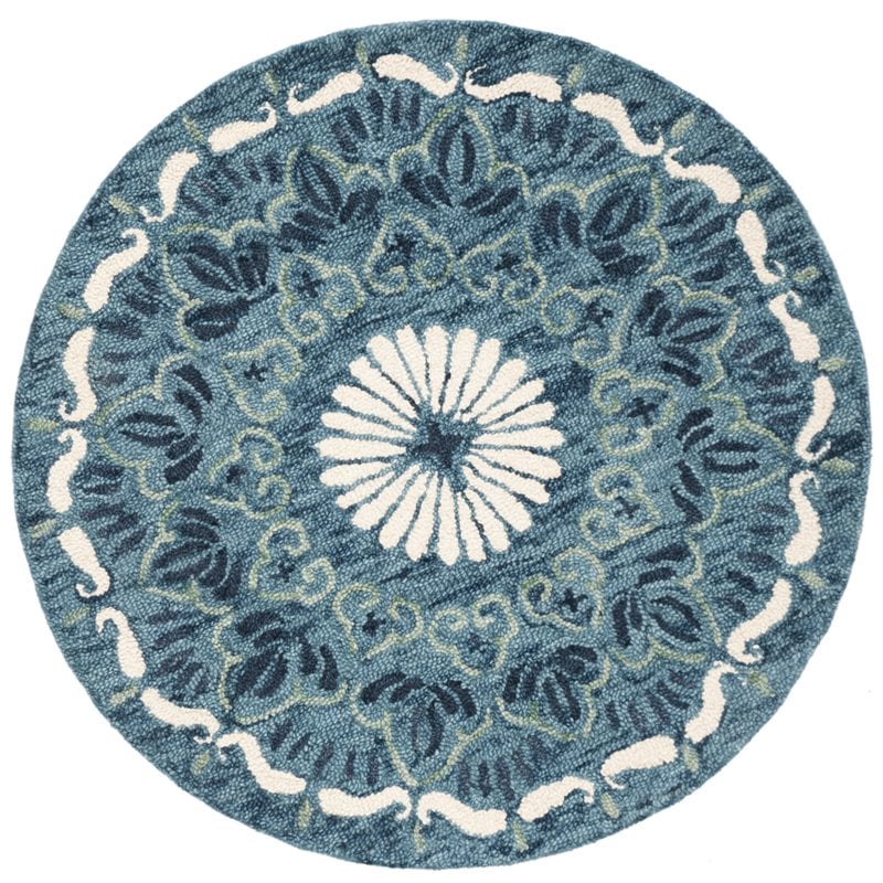 Safavieh Novelty 4' Round Hand Tufted Wool Rug in Blue and Ivory