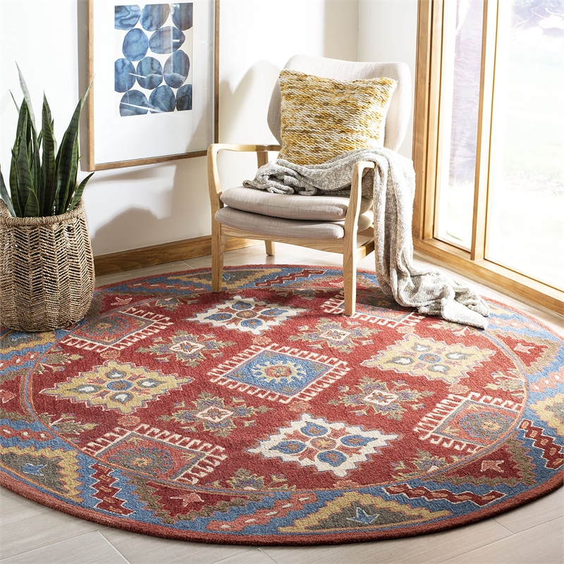 Safavieh Aspen 7' Round Hand Tufted Wool Rug in Red and Blue