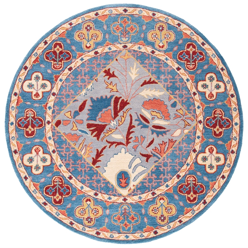 Safavieh Antiquity 6' Round Hand Tufted Wool Rug in Blue and Red