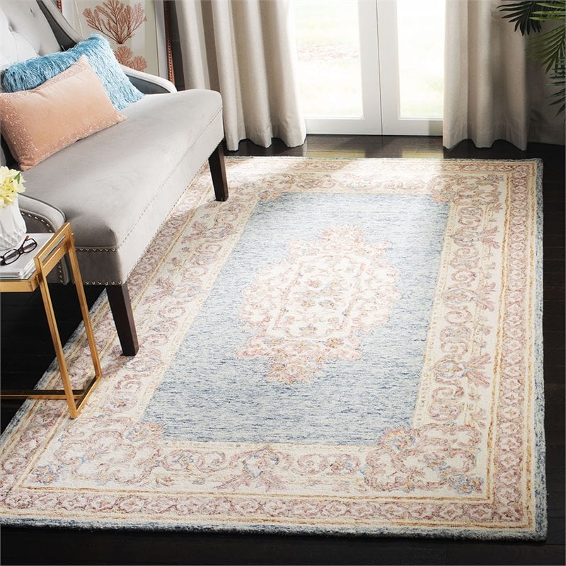Safavieh Aubusson 5' x 8' Hand Tufted Wool Rug in Blue and Pink