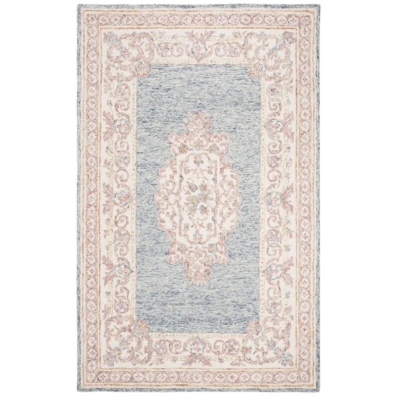 Safavieh Aubusson 5' x 8' Hand Tufted Wool Rug in Blue and Pink