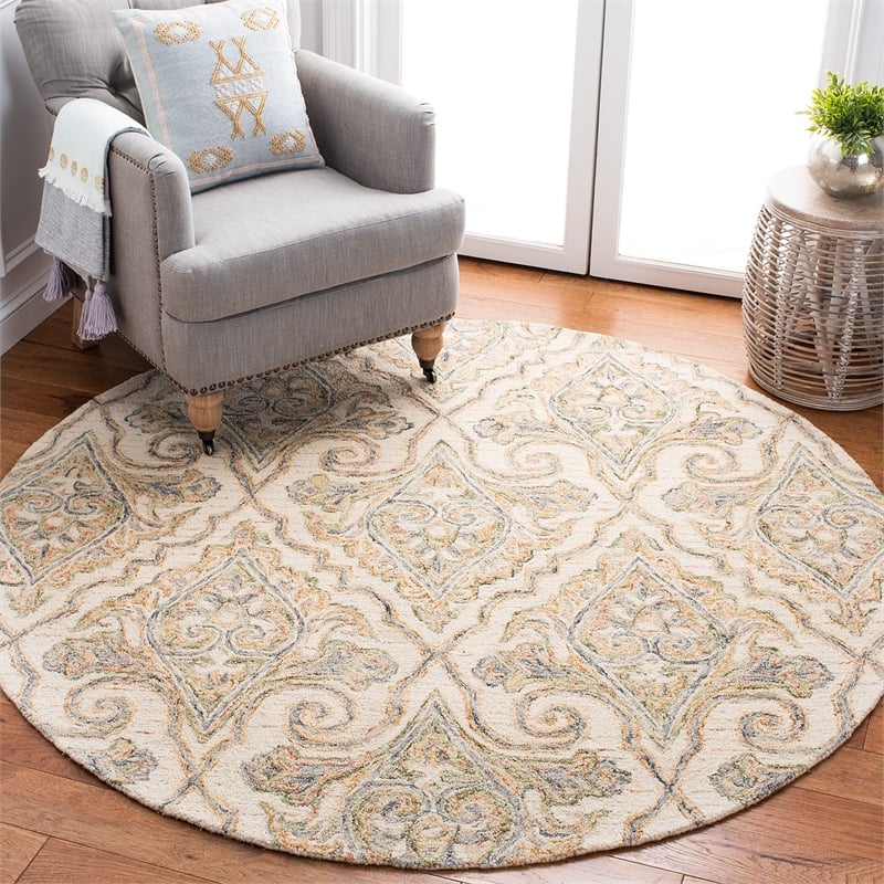 Safavieh Aubusson 6' Round Hand Tufted Wool Rug in Ivory and Green