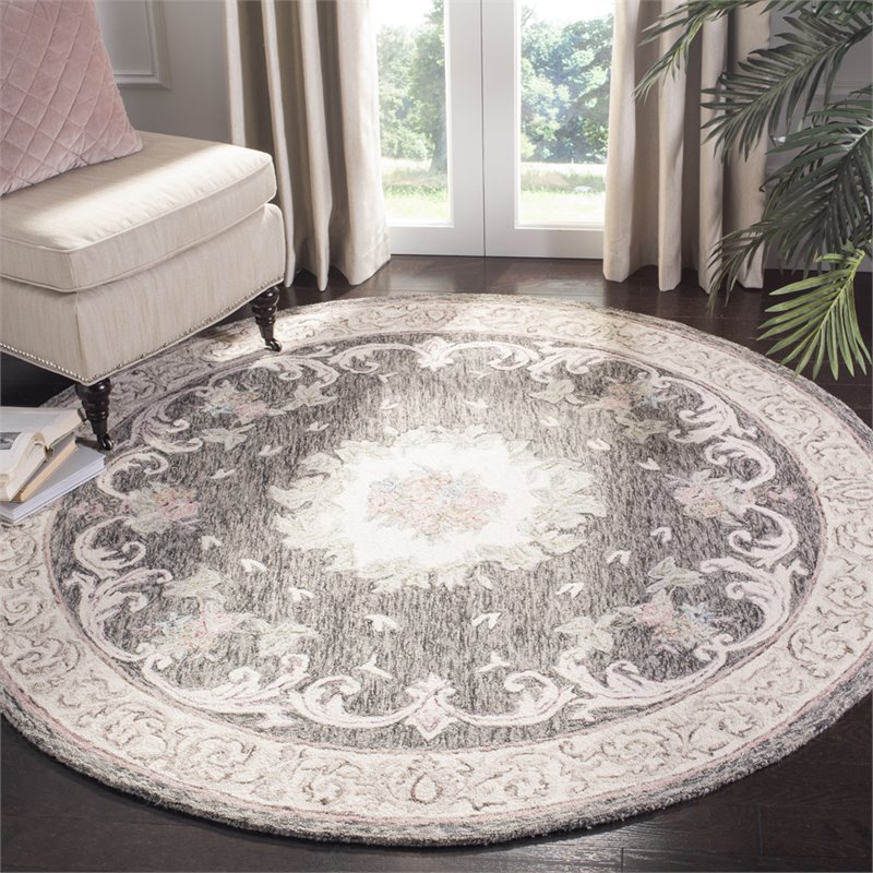 Safavieh Aubusson 6' Round Hand Tufted Wool Rug in Ivory and Charcoal