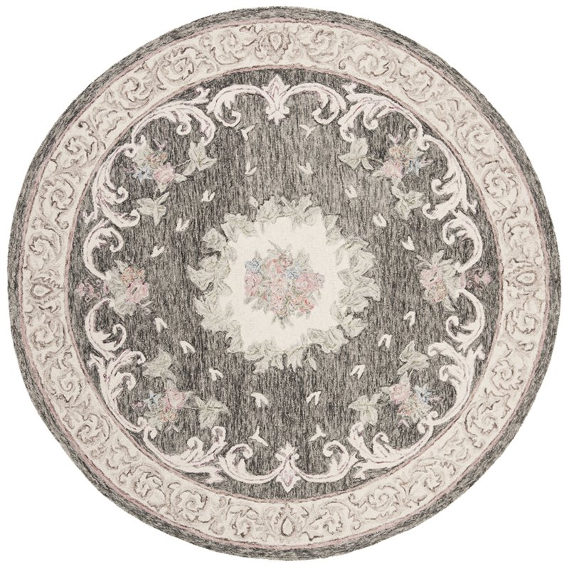 Safavieh Aubusson 6' Round Hand Tufted Wool Rug in Ivory and Charcoal