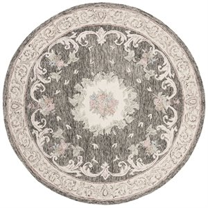 Safavieh Aubusson 6' Round Hand Tufted Wool Rug in Ivory and Charcoal